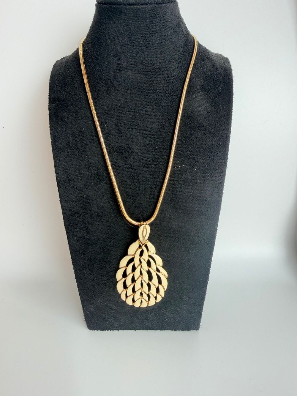 Vintage necklace with white enamel pinecone or feather pendant on snake chain